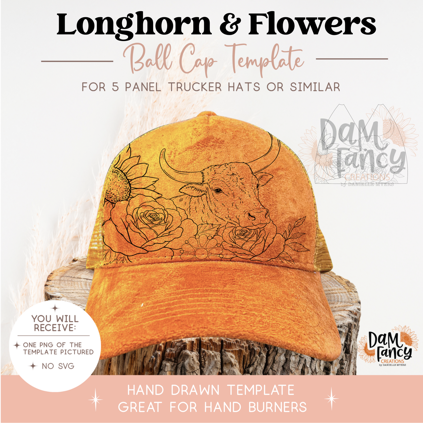 Longhorn & Flowers Trucker Hat Template