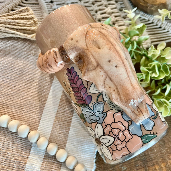 3D Hand Sculpted Bull Skull and Painted Flower Tumbler (22oz)