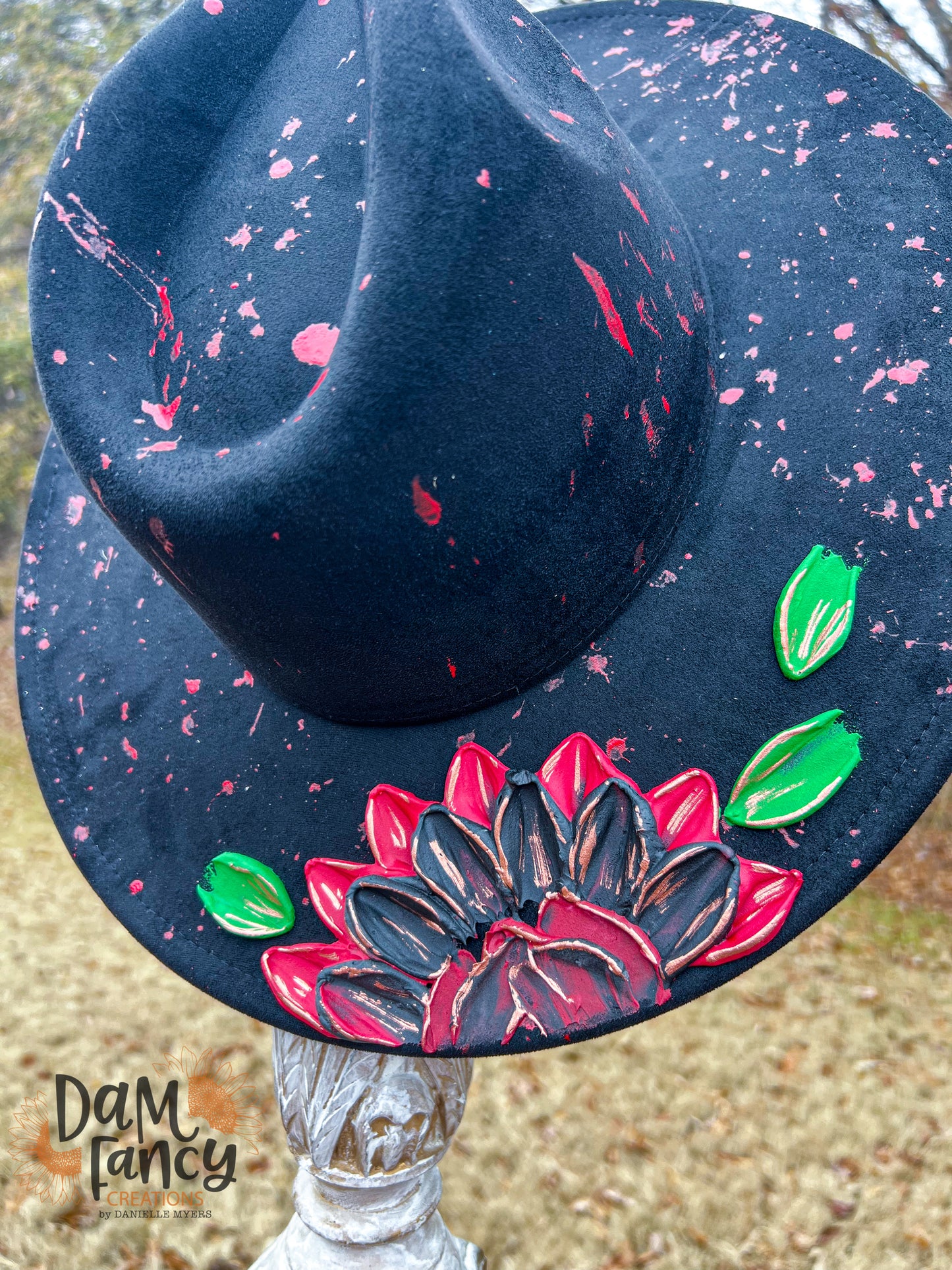 Black Hat Single Flower Wide Brim Hat