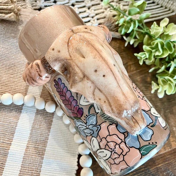 3D Hand Sculpted Bull Skull and Painted Flower Tumbler (22oz)