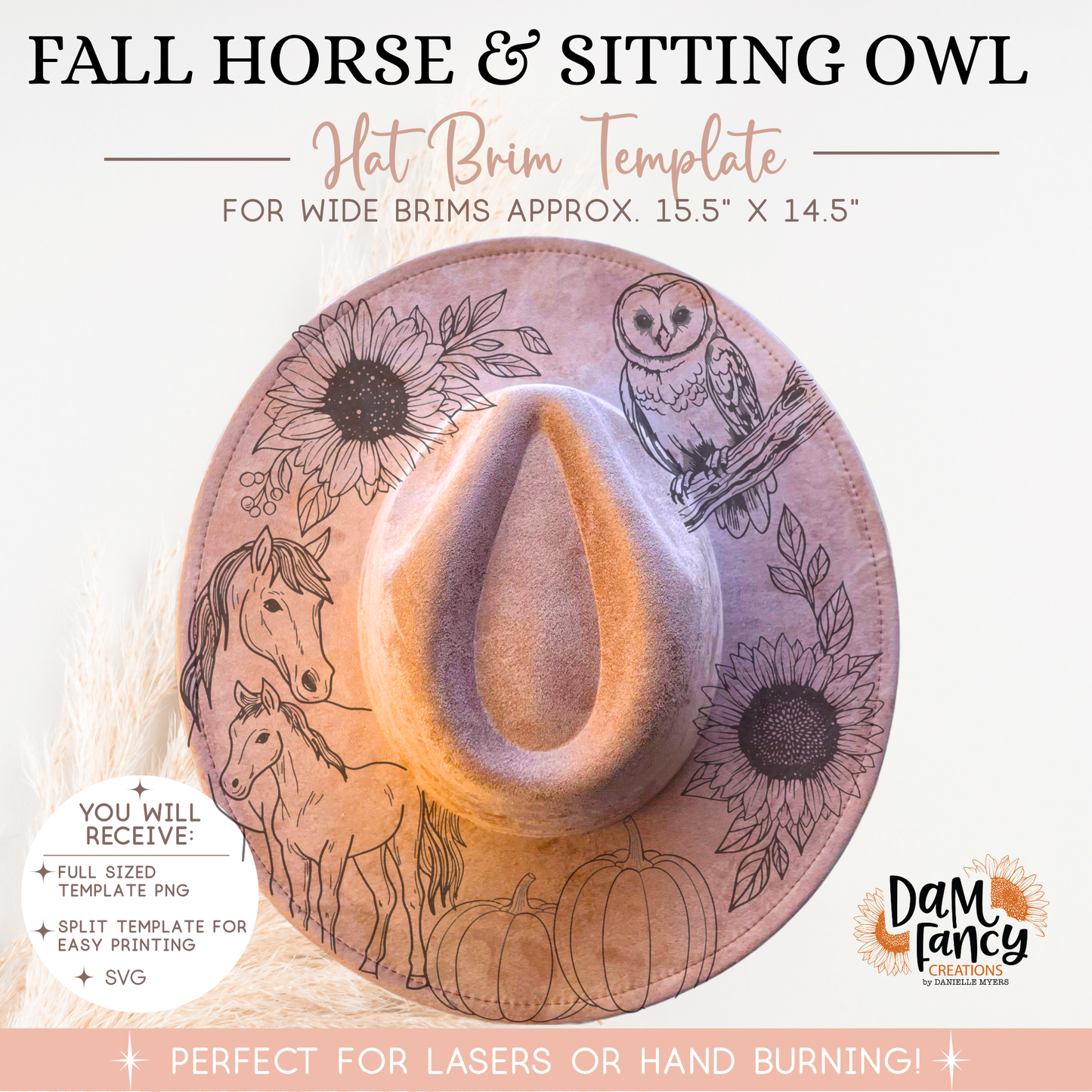 Fall Horses and sitting owl Wide Brim Hat template