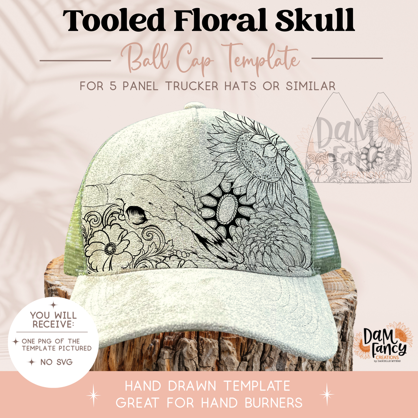 Tooled Floral Skull Trucker Hat Template