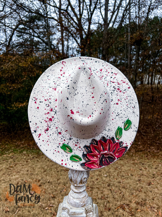 Red and Black Splatter Single Flower Wide Brim Hat