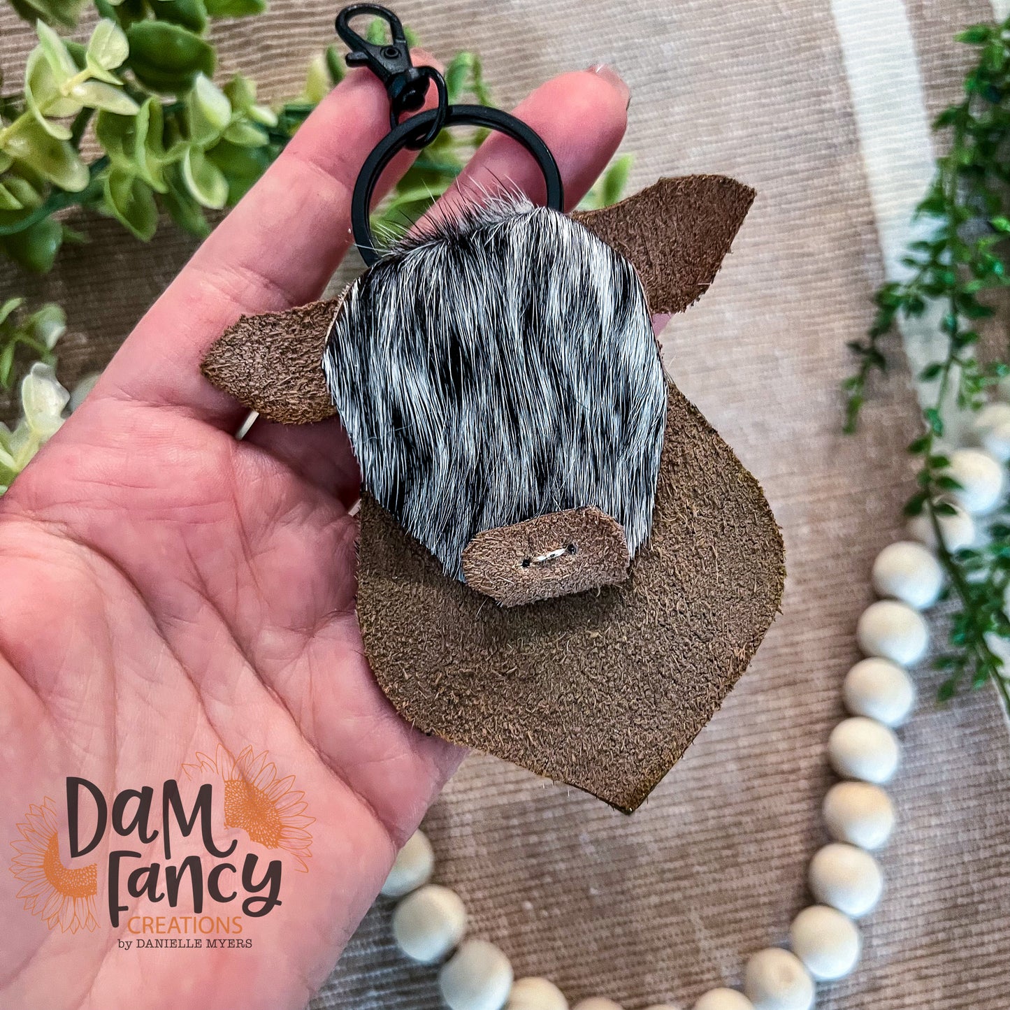 Dark Brown with Salt and Pepper Hair Cowhide Keychain