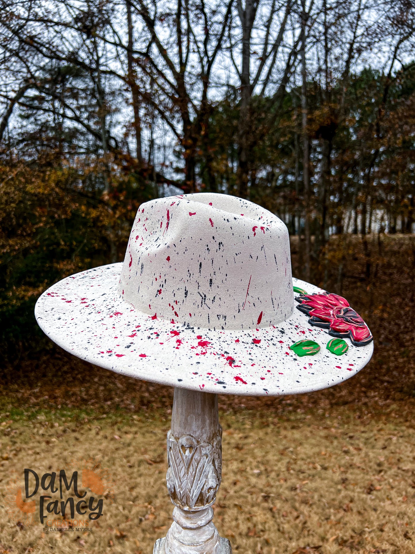 Red and Black Splatter Single Flower Wide Brim Hat