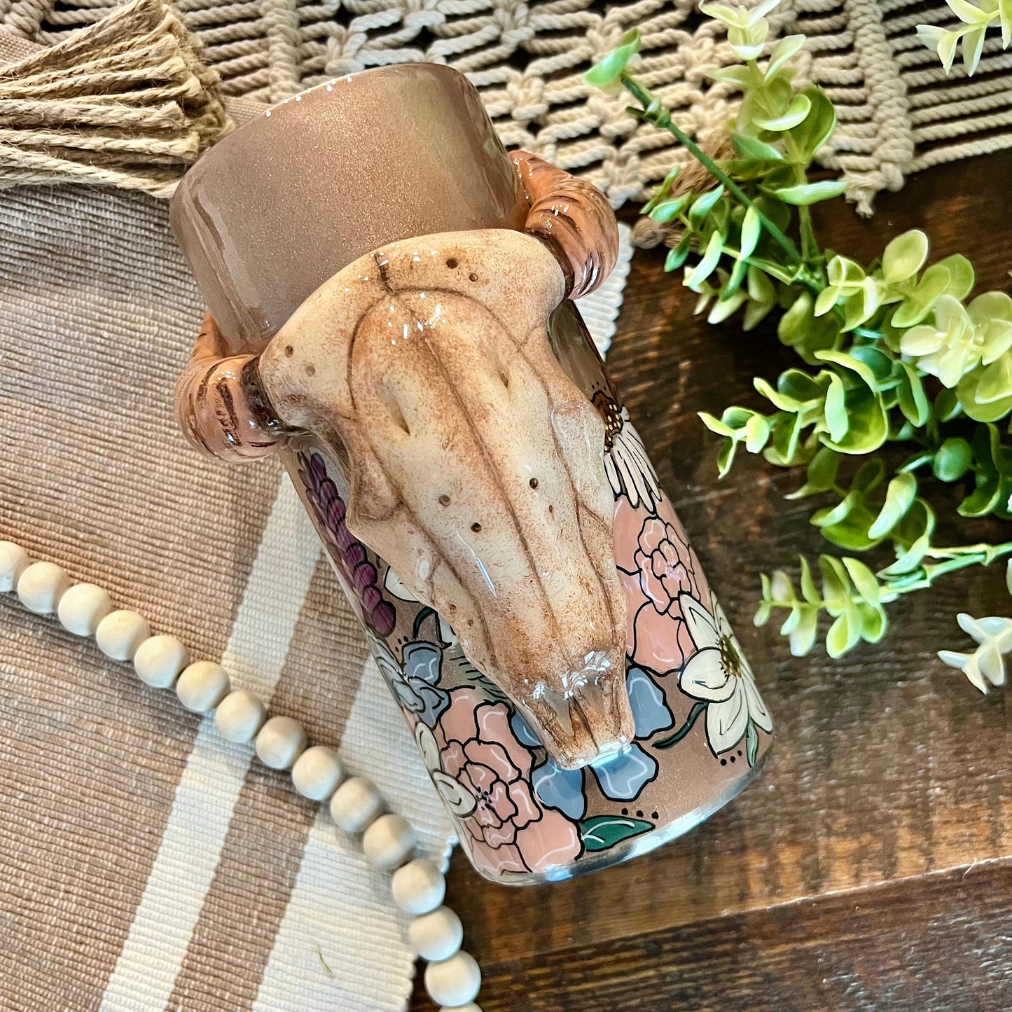 3D Hand Sculpted Bull Skull and Painted Flower Tumbler (22oz)