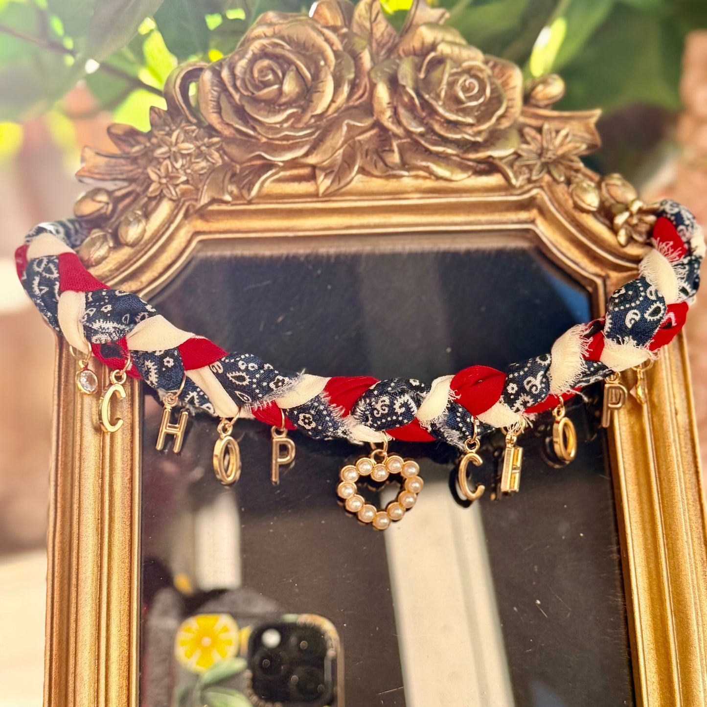 Braided Chop Chop Bandana Necklace with  pearl heart