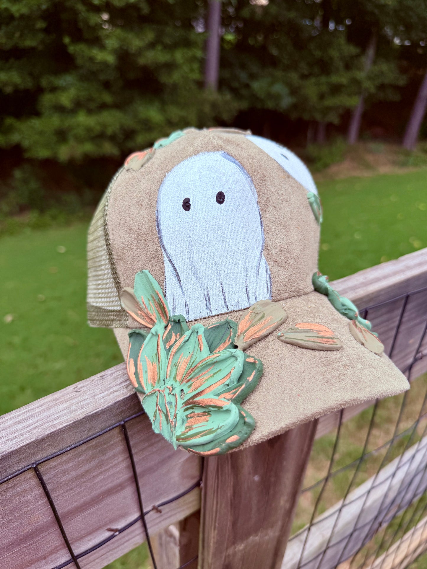 Olive 3D ghost trucker hat