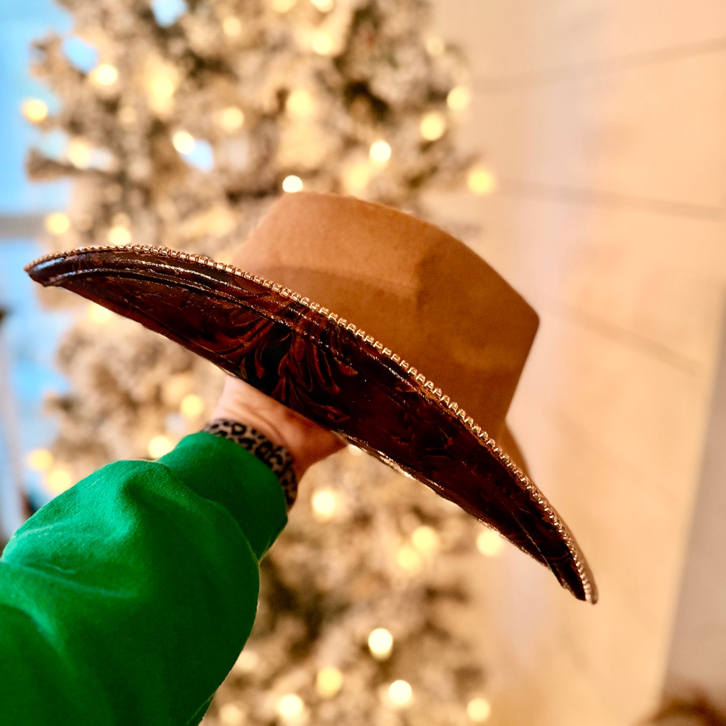 Rhinestone with leather foil tear drop cowgirl hat