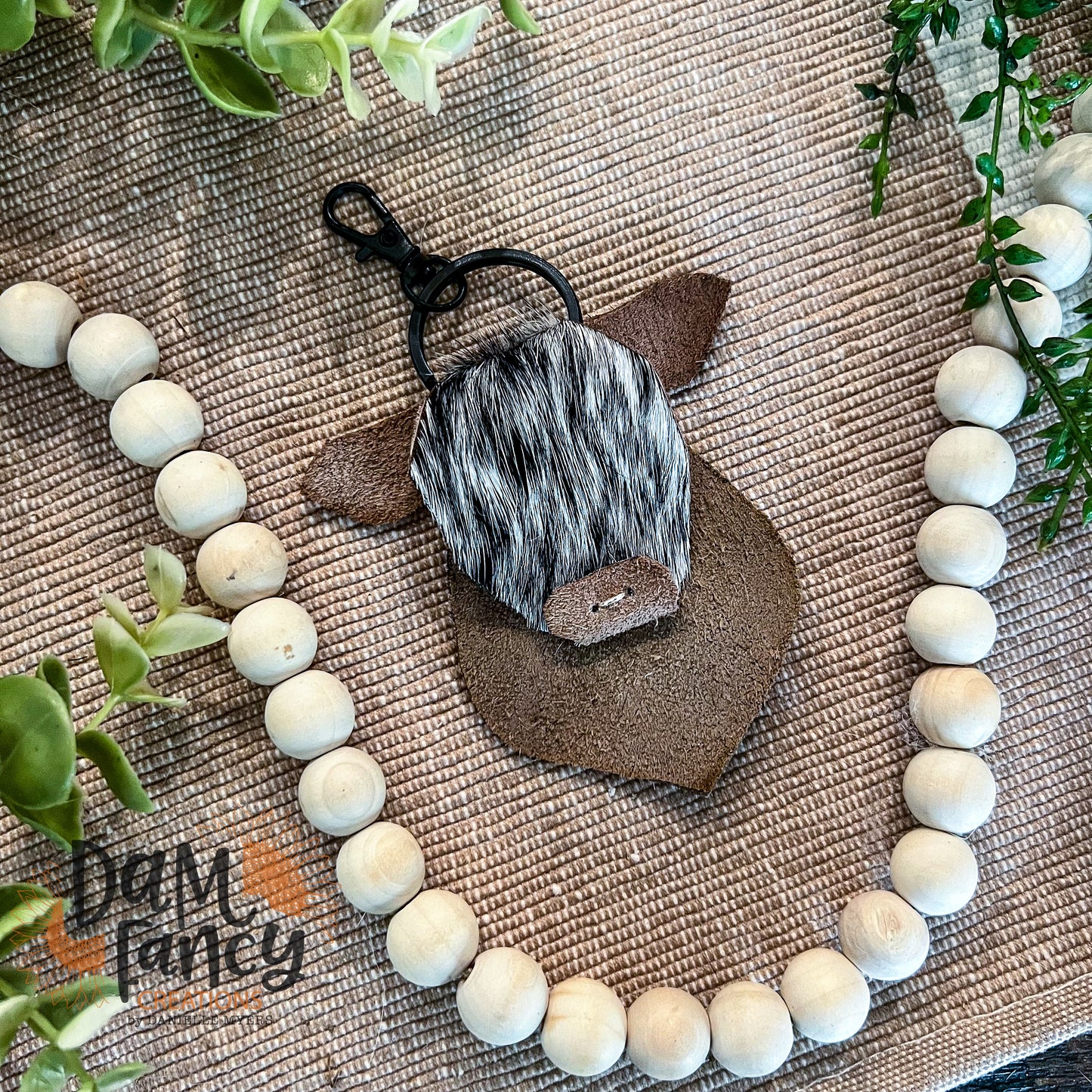 Dark Brown with Salt and Pepper Hair Cowhide Keychain