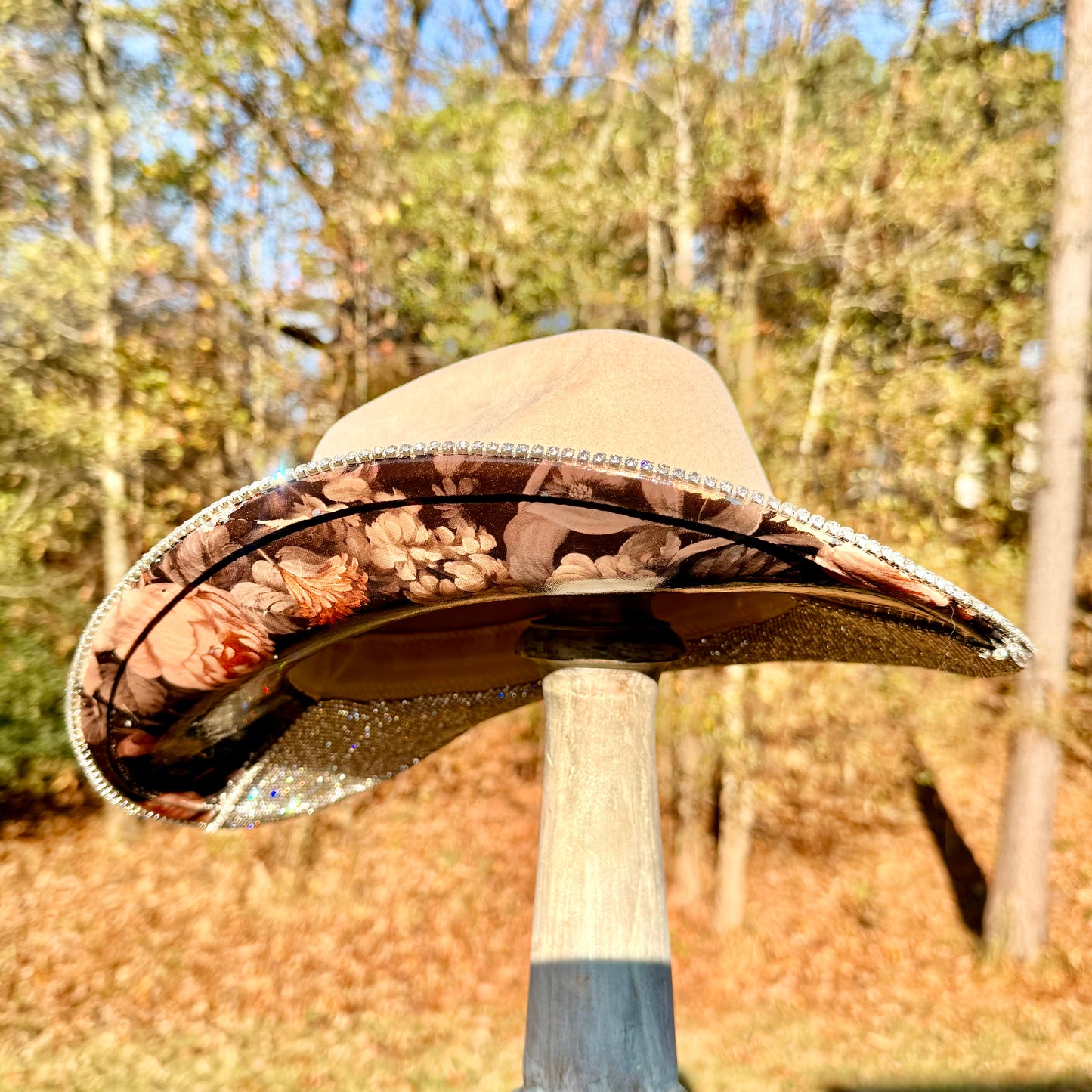 Cream Rhinestone with floral foil cattleman cowgirl hat