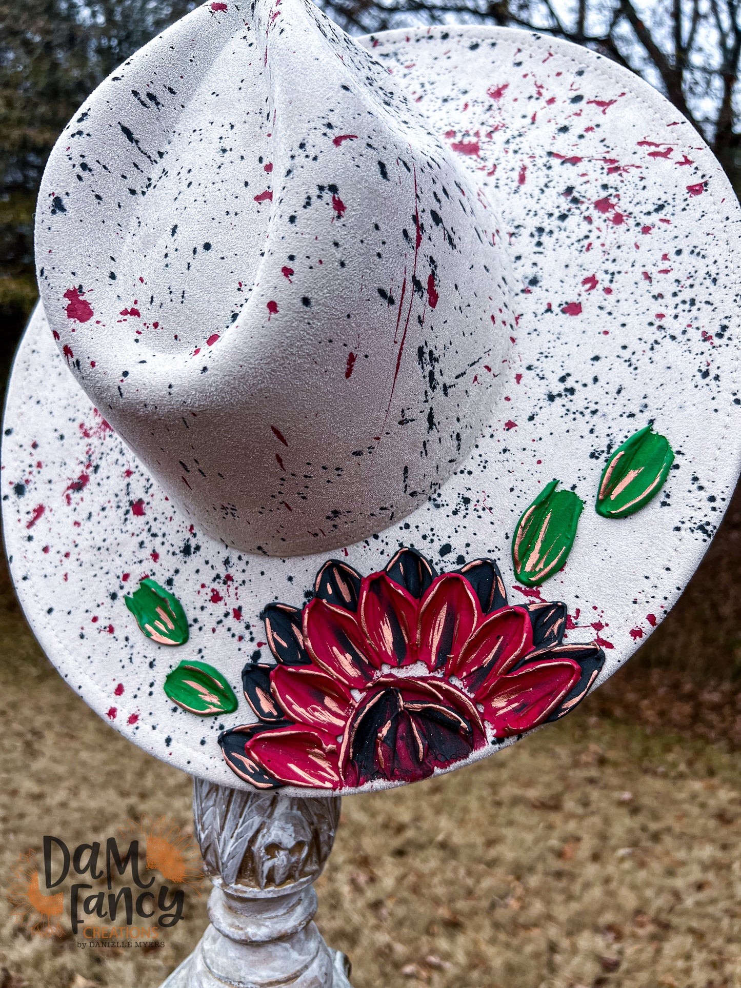 Red and Black Splatter Single Flower Wide Brim Hat