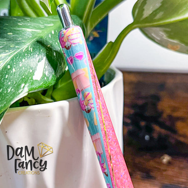 V-Split Flamingo party pen with hot pink glitter
