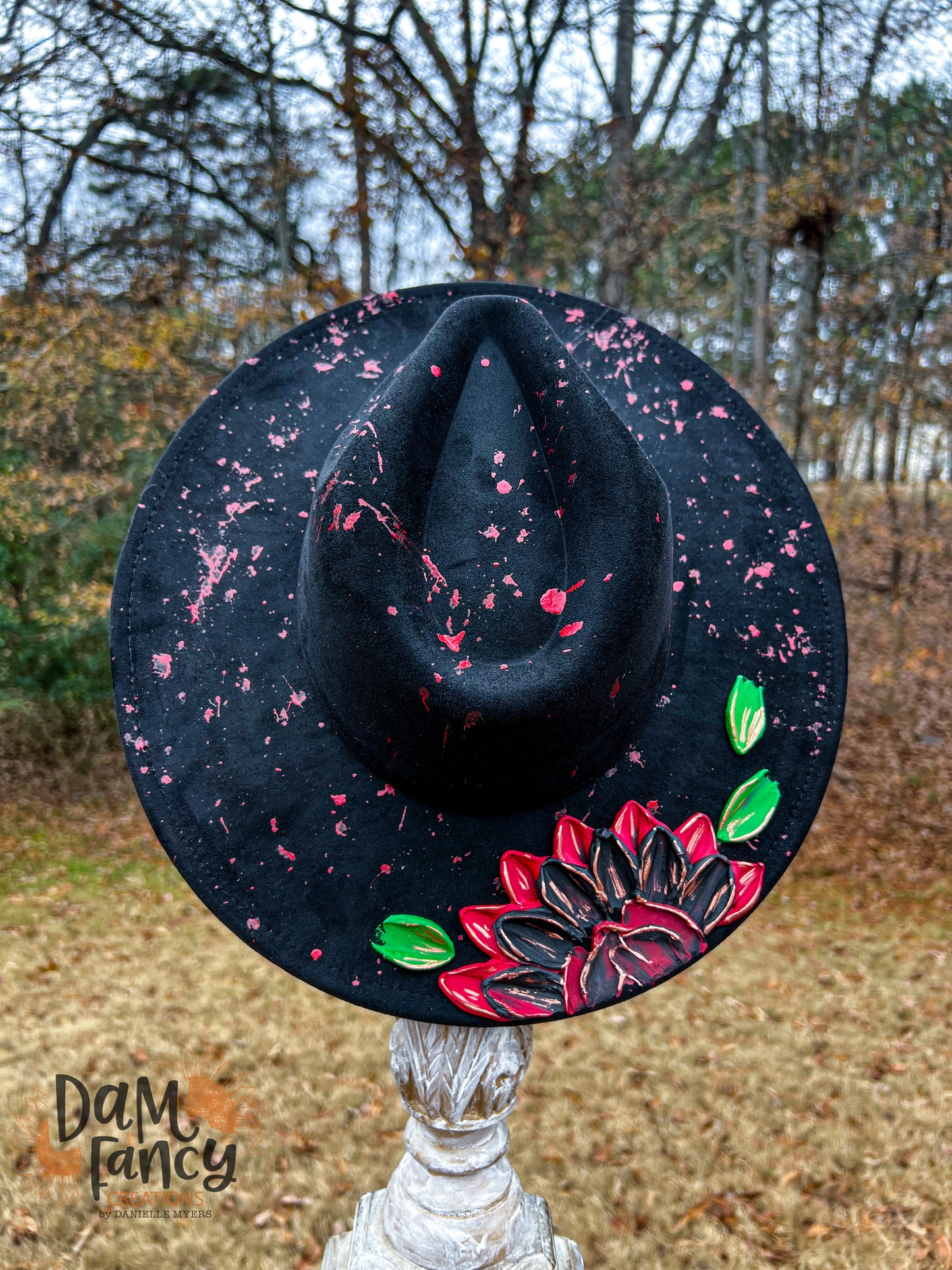 Black Hat Single Flower Wide Brim Hat