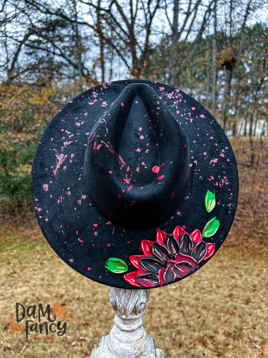 Black Hat Single Flower Wide Brim Hat