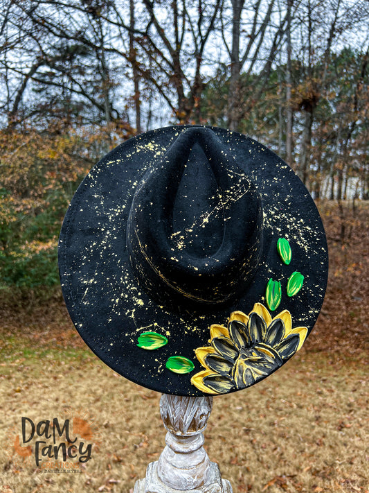 Gold and Black Single Flower Wide Brim Hat