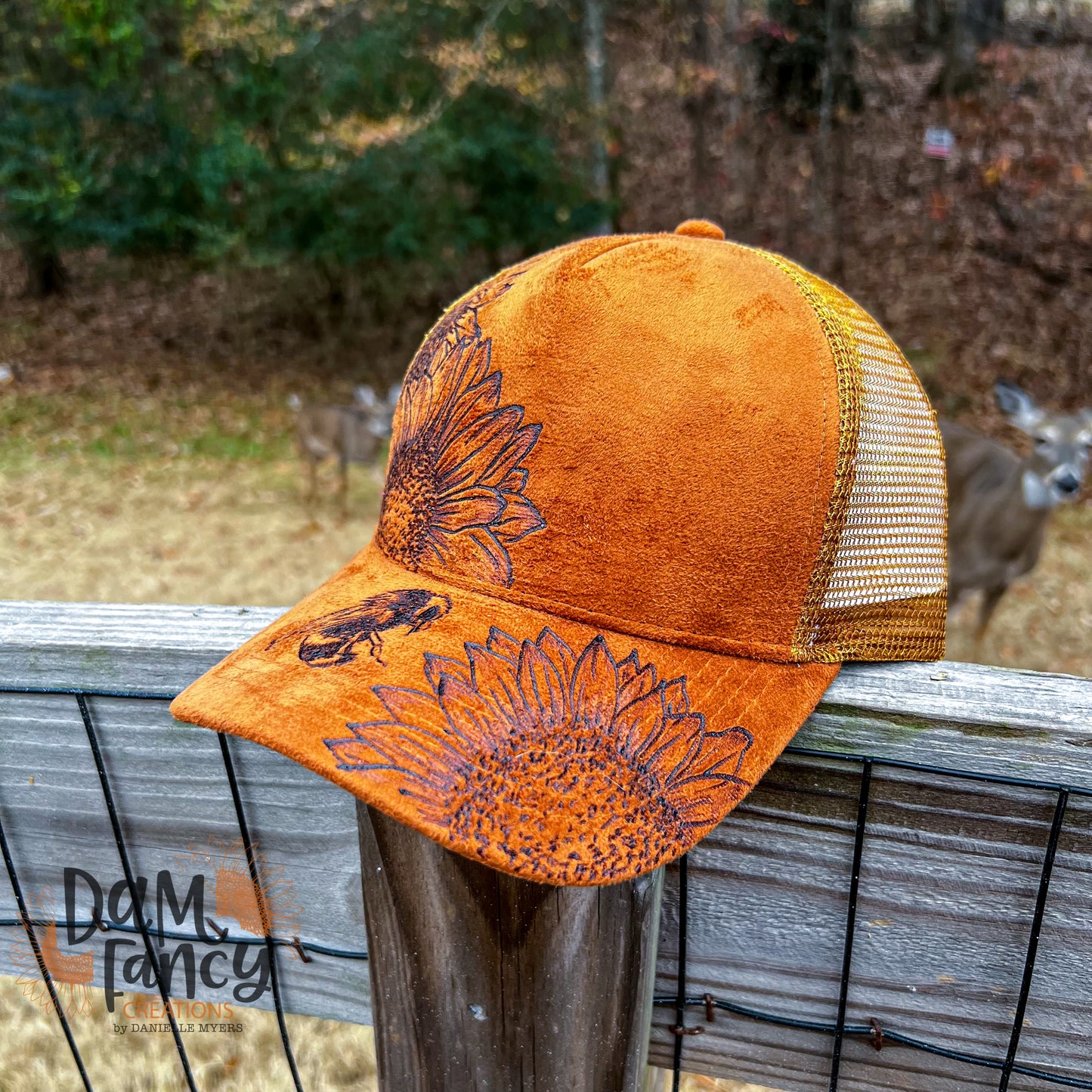 Tan Sunflowers and Bee Ball Cap