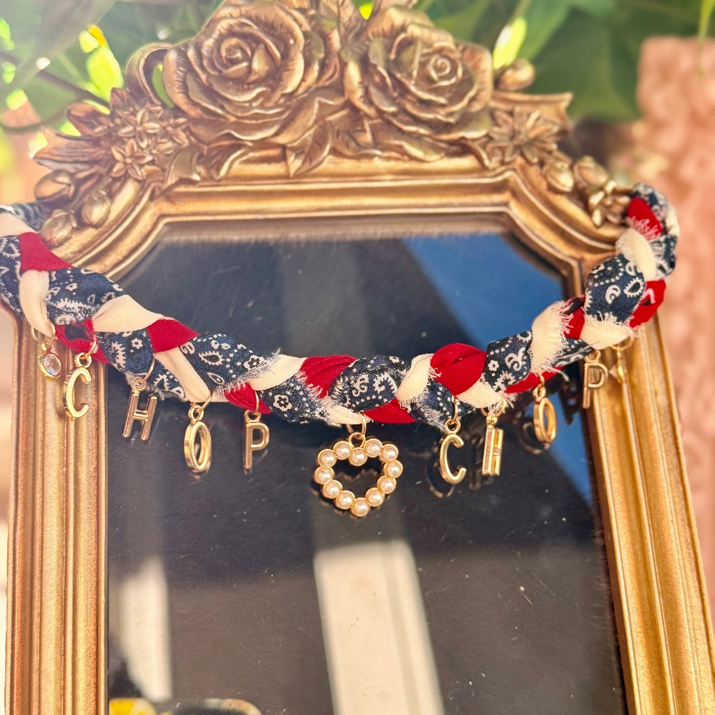 Braided Chop Chop Bandana Necklace with  pearl heart