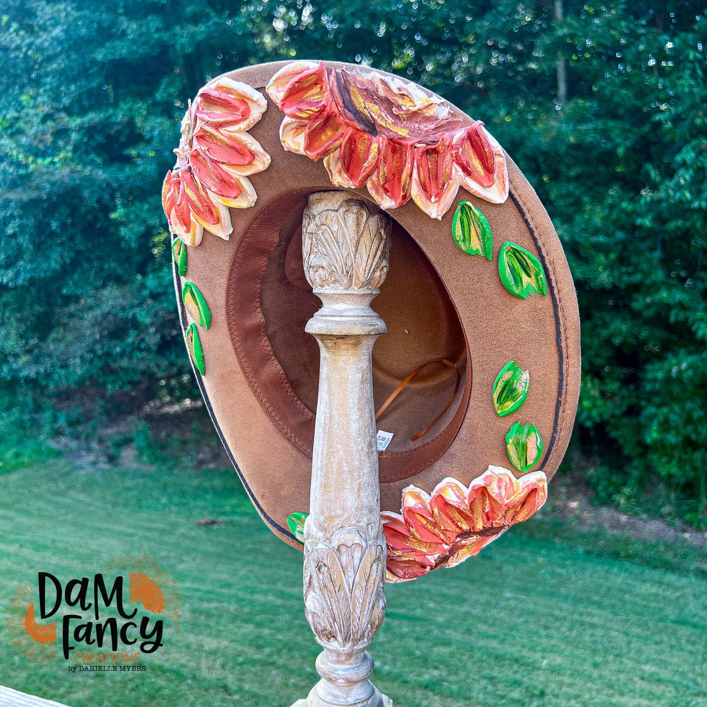 Neutral 3D Flower Cowboy Hat- Orange Band