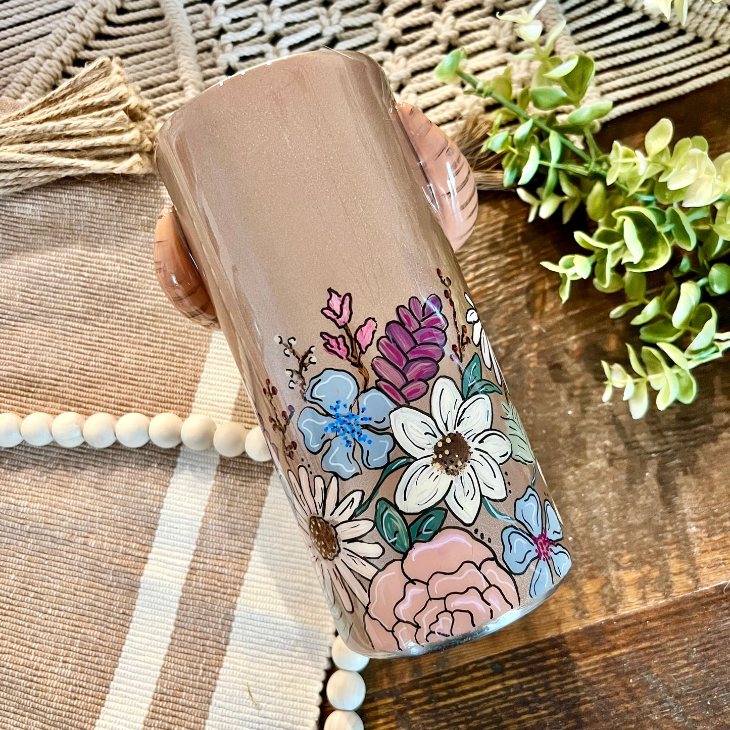 3D Hand Sculpted Bull Skull and Painted Flower Tumbler (22oz)