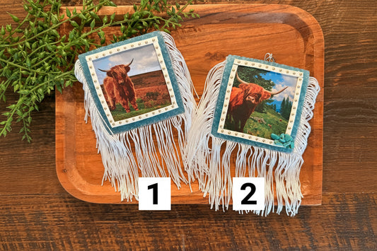 Blue Fringe Highland Cow- Car Freshie