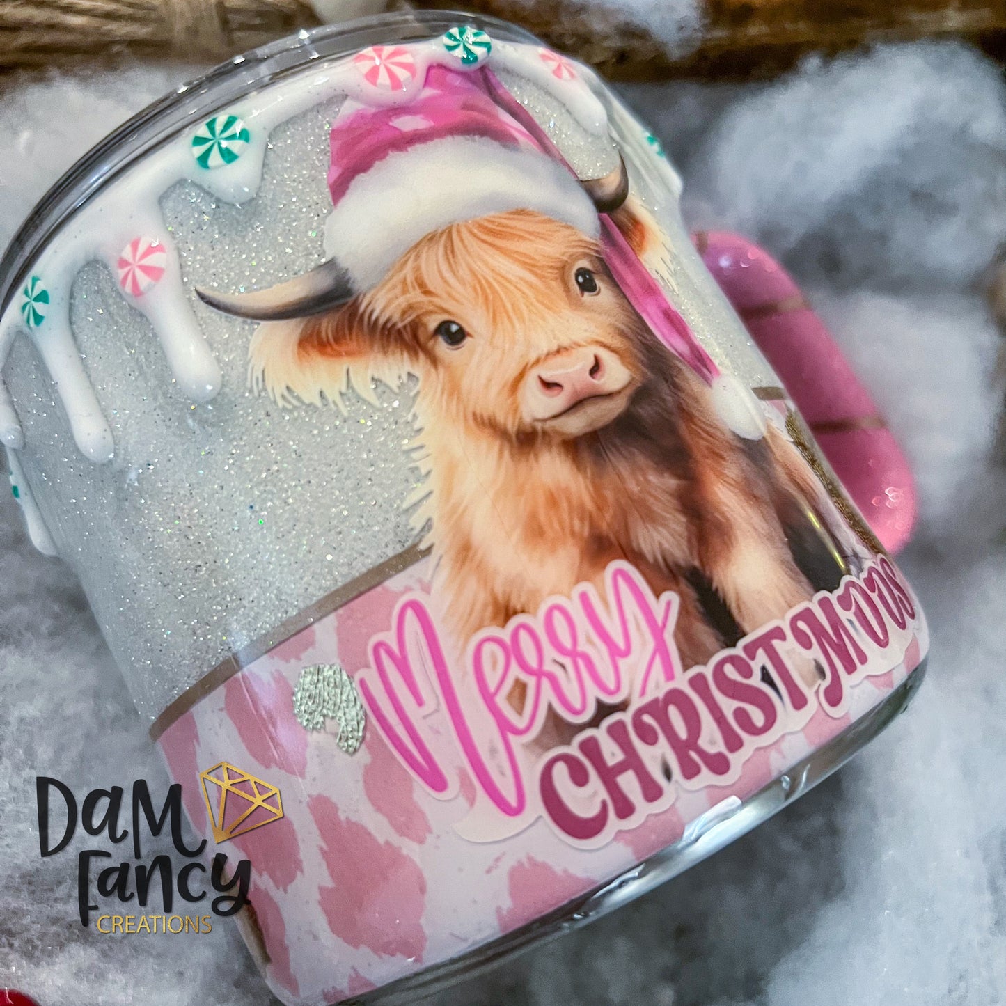 Pink Christmas Cow Drip Mug (15oz)