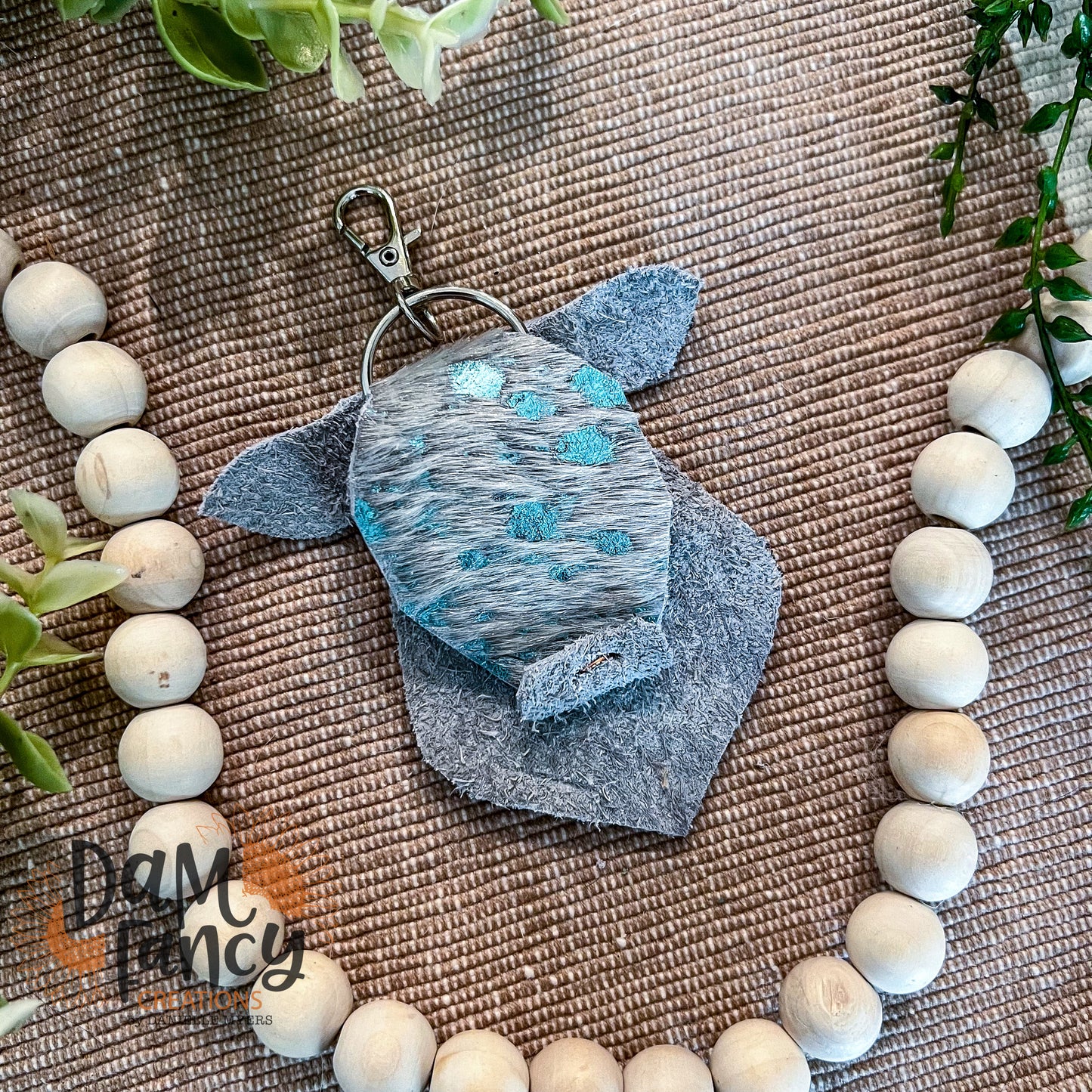 Acid Wash Turquoise on Gray Cowhide Keychain