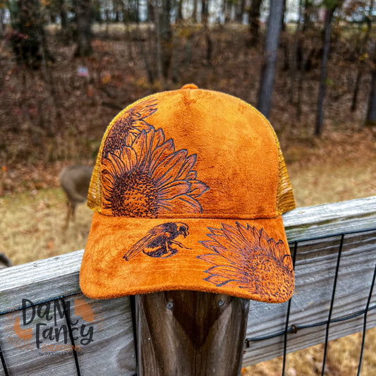 Tan Sunflowers and Bee Ball Cap