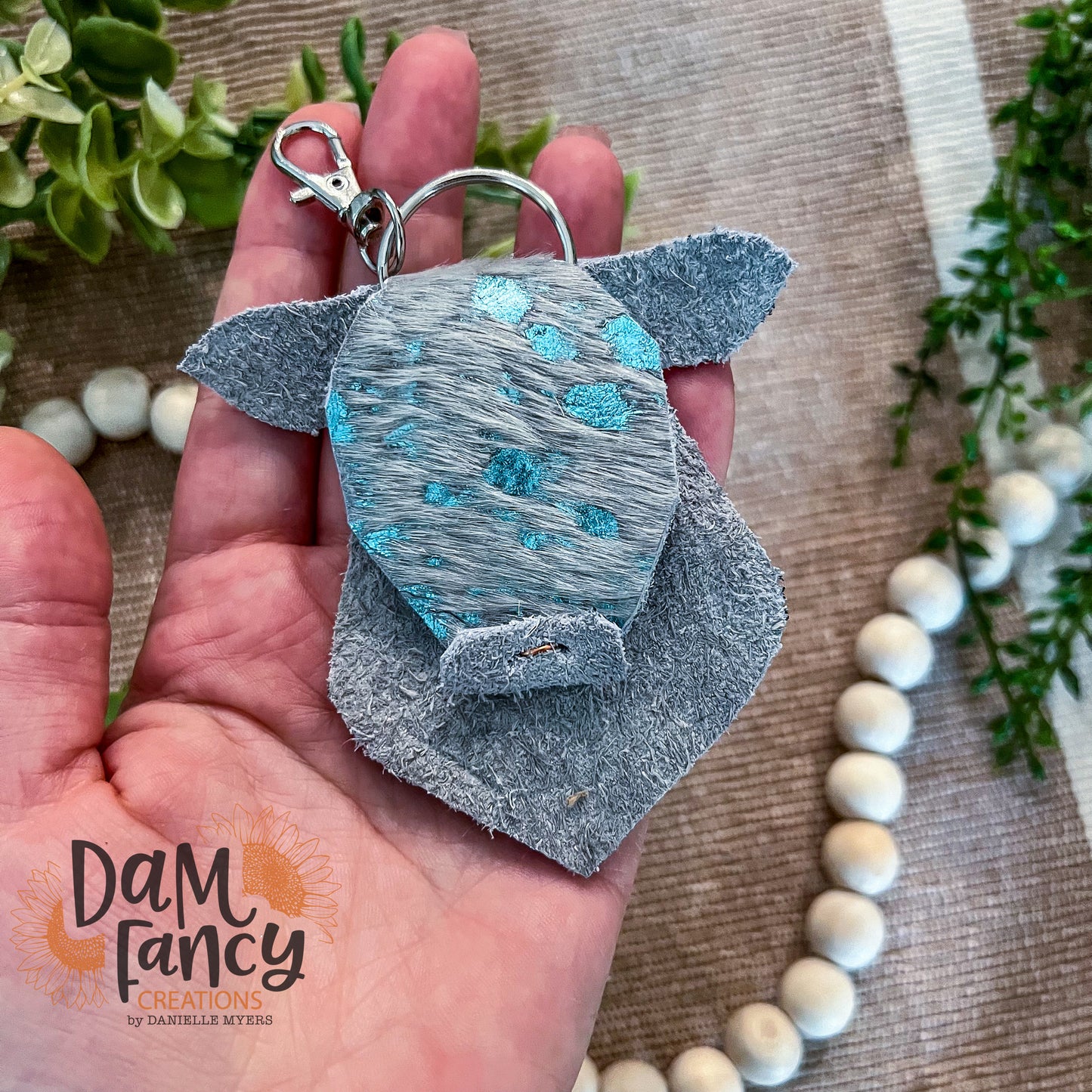 Acid Wash Turquoise on Gray Cowhide Keychain