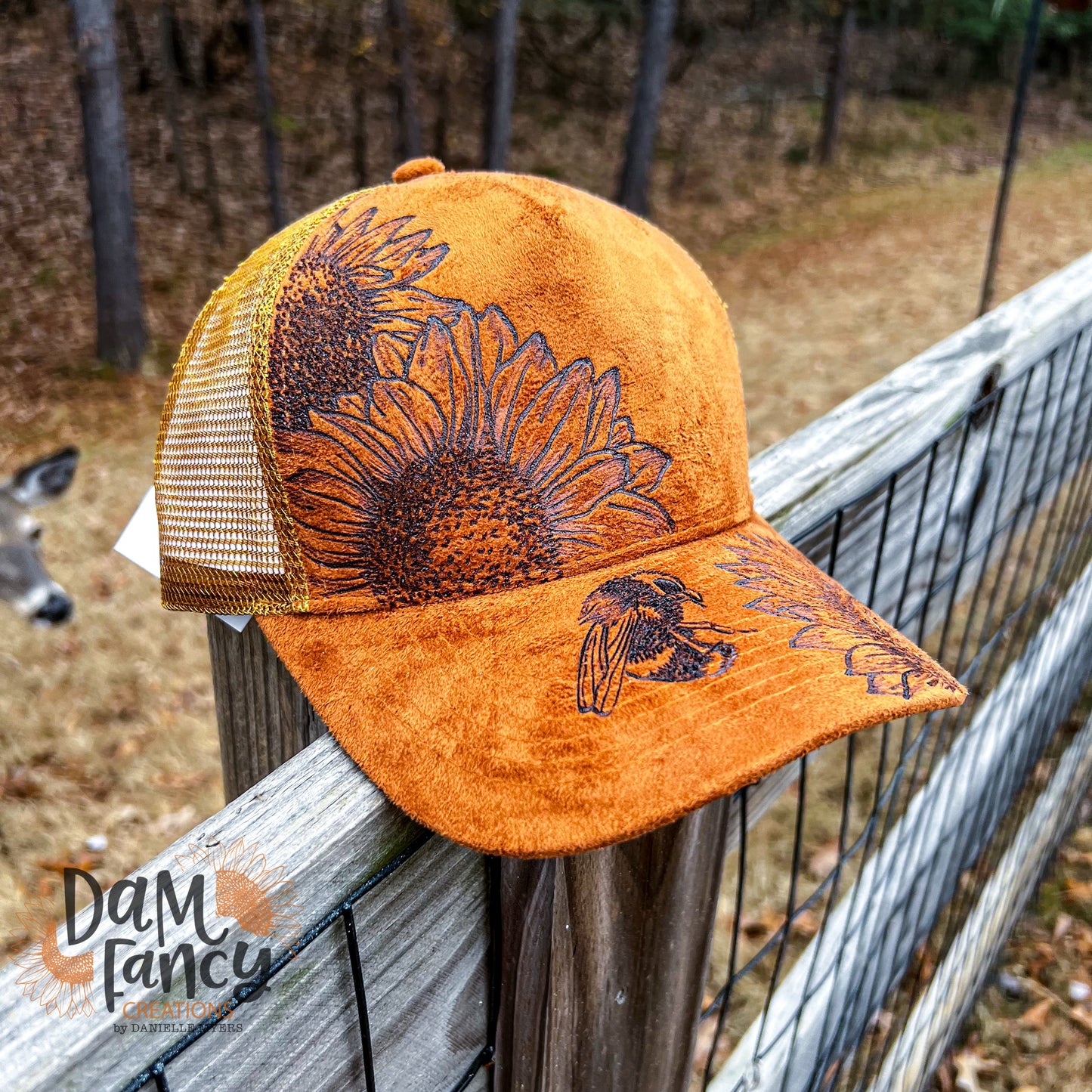 Tan Sunflowers and Bee Ball Cap
