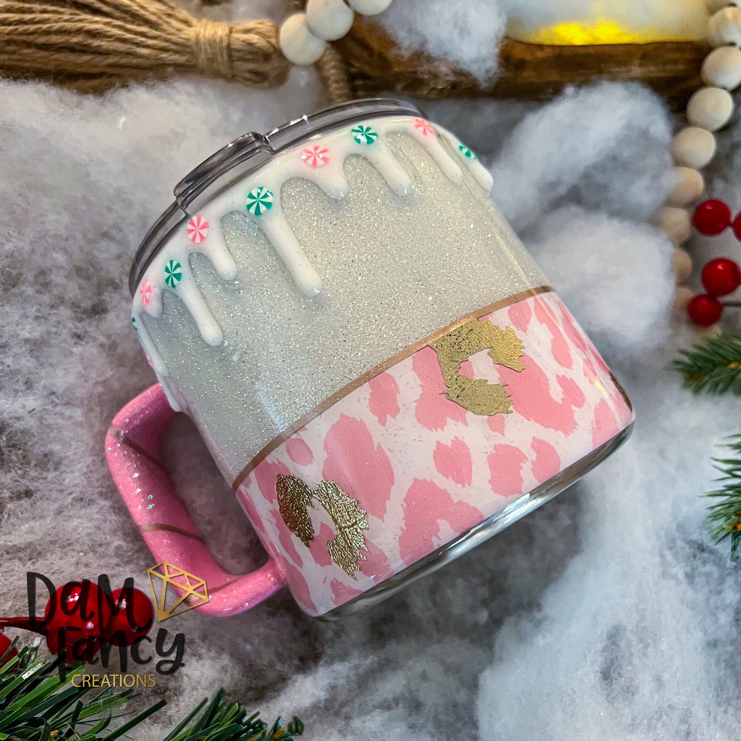 Pink Christmas Cow Drip Mug (15oz)