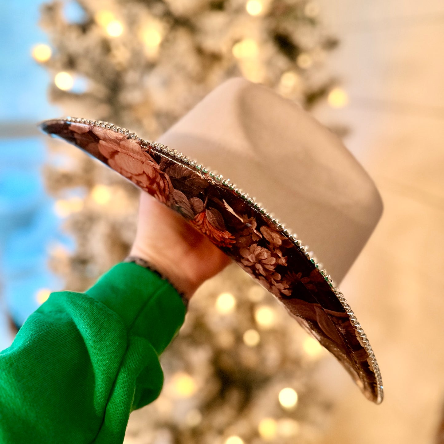 Cream Rhinestone with floral foil cattleman cowgirl hat