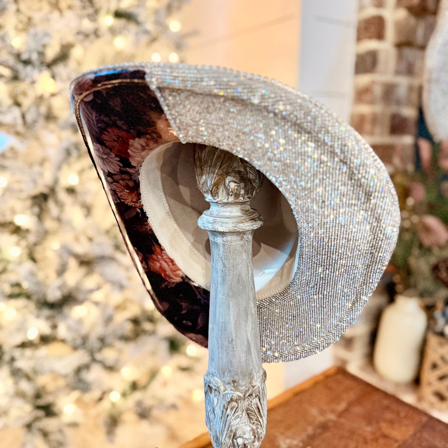 Cream Rhinestone with floral foil cattleman cowgirl hat