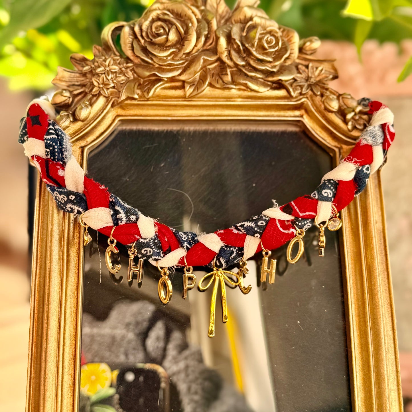 Braided Chop Chop Bandana Necklace with gold bow