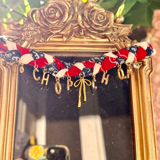 Braided Chop Chop Bandana Necklace with gold bow