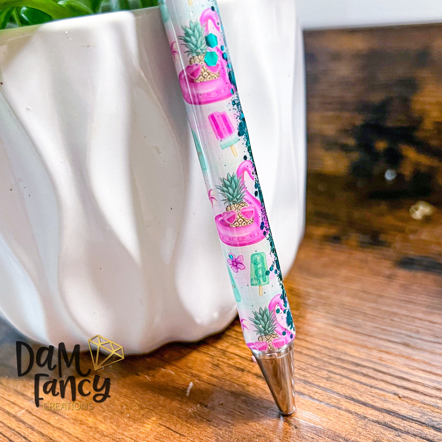 Flamingo party pen with Chunky teal glitter