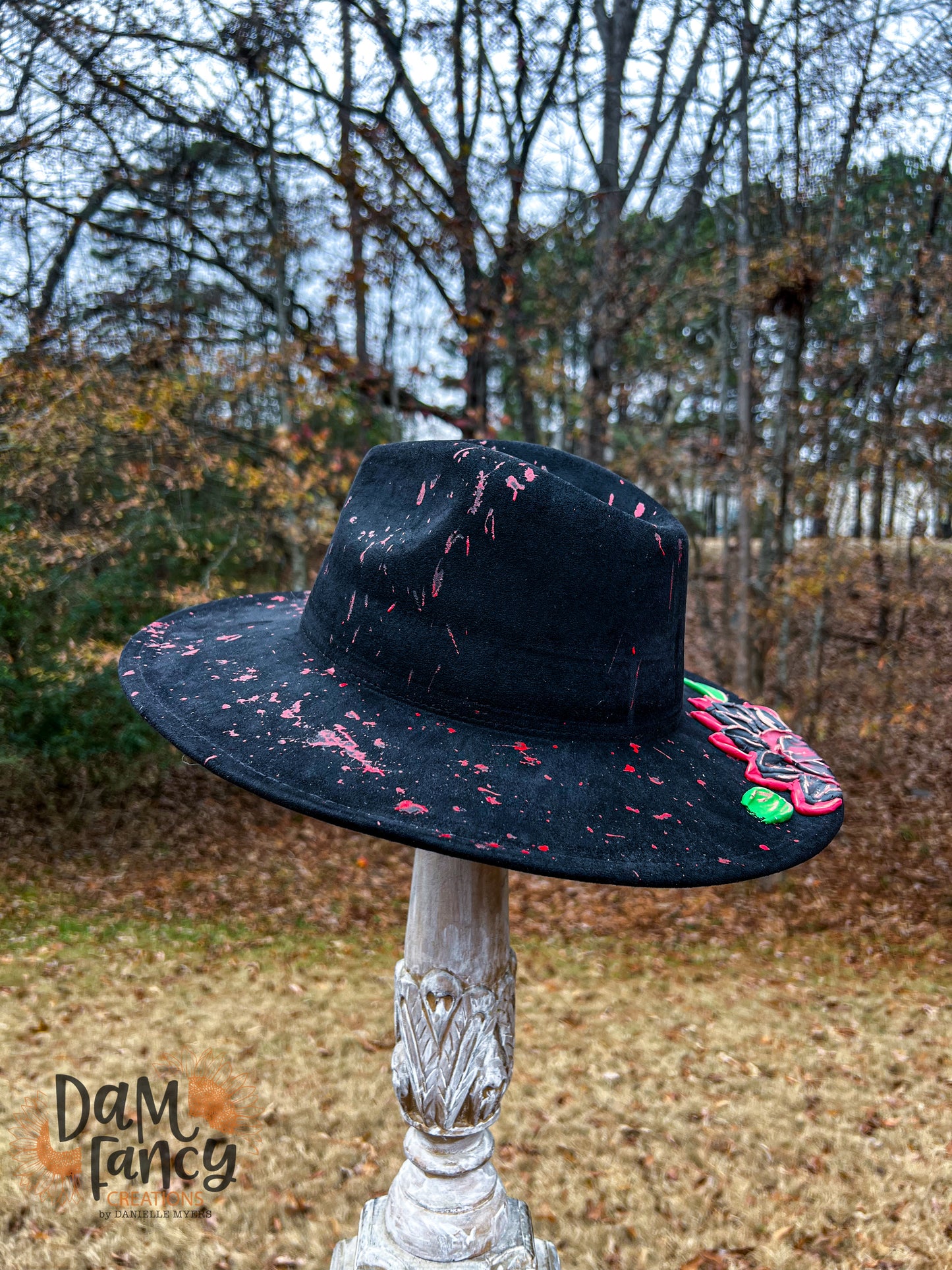 Black Hat Single Flower Wide Brim Hat