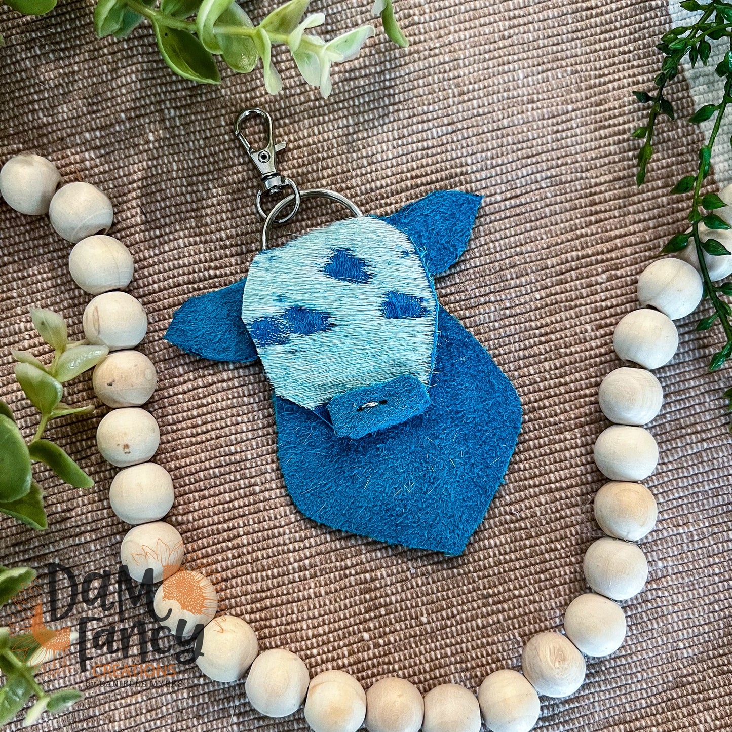 Acid Wash Turquoise on Turquoise Cowhide Keychain