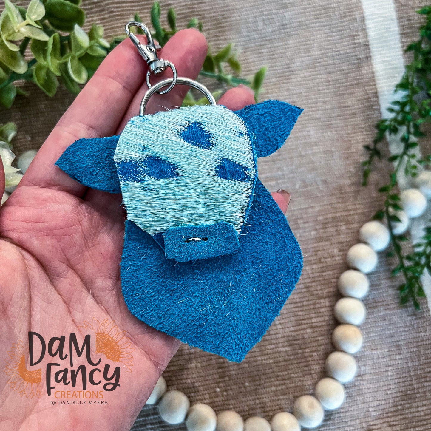 Acid Wash Turquoise on Turquoise Cowhide Keychain