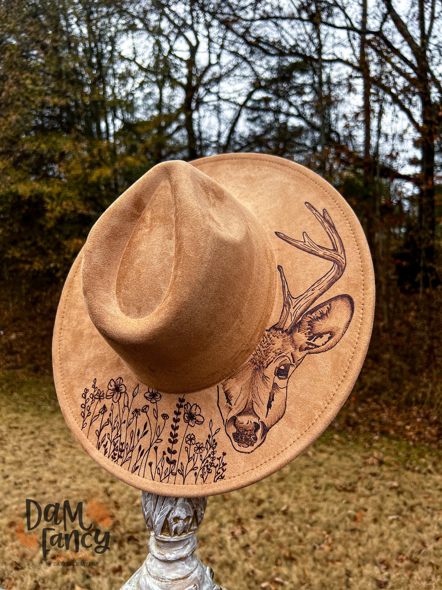 Tan Wildflower and Buck Wide Brim Hat