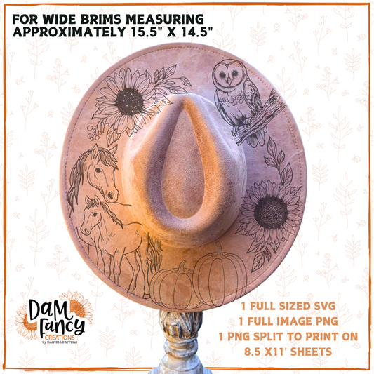 Fall Horses and sitting owl Wide Brim Hat template