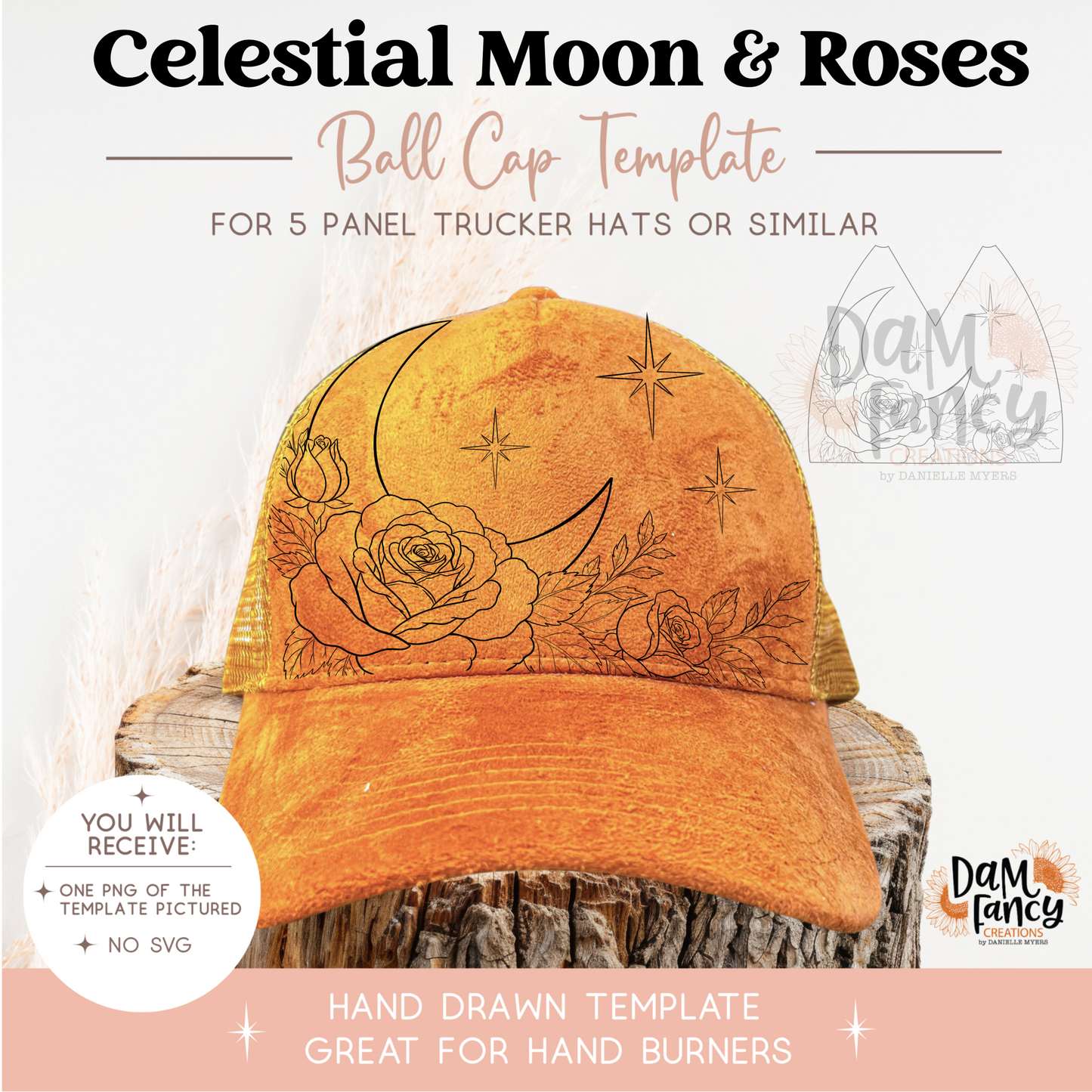 Celestial Moon & Roses Trucker Hat Template